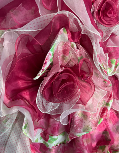 Pretty Strapless Rose Pink Satin Floral Beaded Tulle Layered Ball Gown Sweet Quinceanera Dress With Beaded SP1454