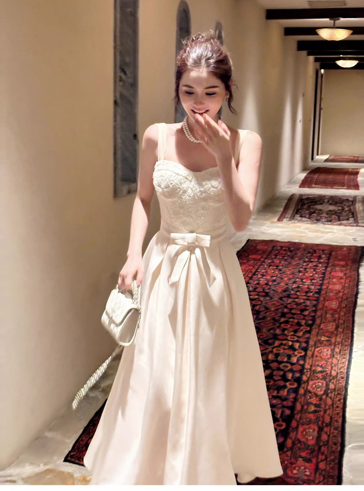 Pretty Bow Satin Lace A Line Long Evening Dress White Wedding Guest Dress SP1540