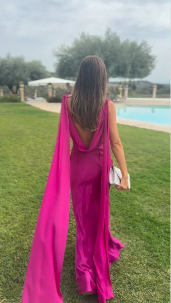 Elegant Hot Pink Satin Mermaid Long Wedding Guest Dress Backless Evening Dress SP1303