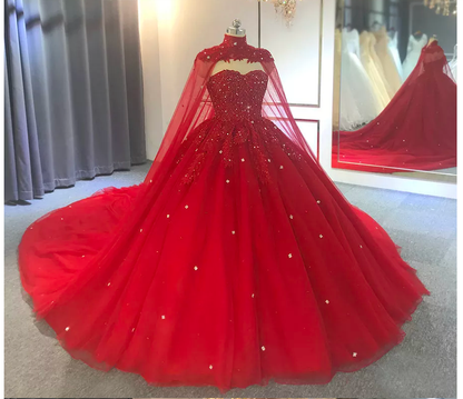 Red Ball Gown With Cape And Beads, Luxury Prom Dress C1888
