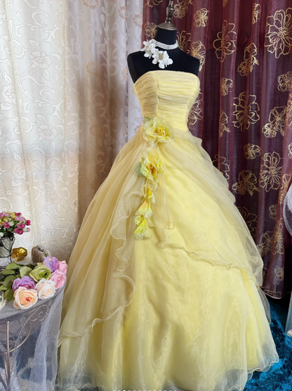 Sweet Strapless Ball Gown Yellow Organza Pleated Birthday Quinceanera Dress With 3D Flowers SP1891