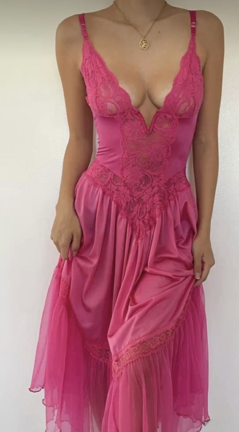 Sexy V Neck Pink Lace Satin Birthday Party Dress Long Evening Gown