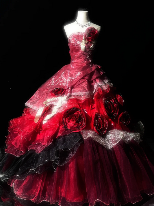 Charming Spaghetti Straps Red Strapless Tulle Appliques 3D Flowers Ball Gown Quinceanera Dress