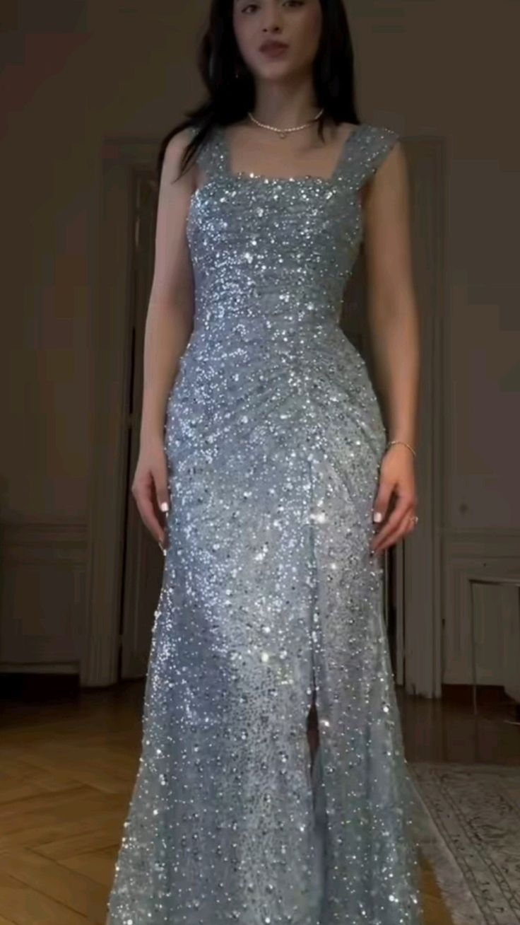 Gorgeous Blue Tulle Sequin Beaded Slit Long Evening Dress Formal Mermaid Birthday Prom Dress SP1324