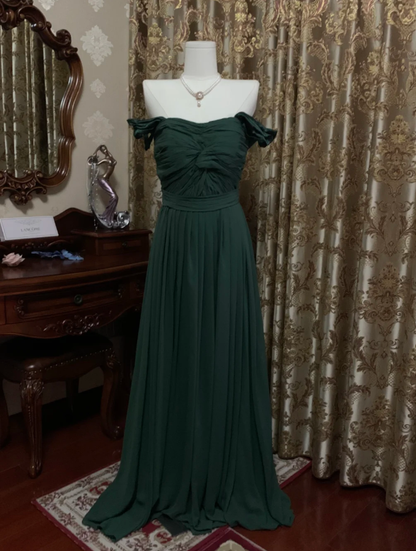 Vintage Green Off The Shoulder Satin Pleated Long Wedding Guest Dress Party Dress Prom Gown
