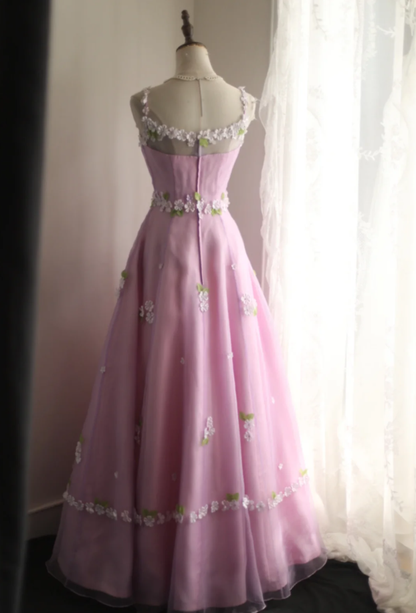 Cute Pink Spaghetti Straps Tulle Satin Appliques Long Birthday Prom Dress Evening Gown SP1850
