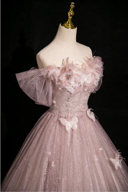 Pink Tulle Sequins Off the Shoulder Butterfly Flower Prom Dress Sweet Ball Gown cc2431
