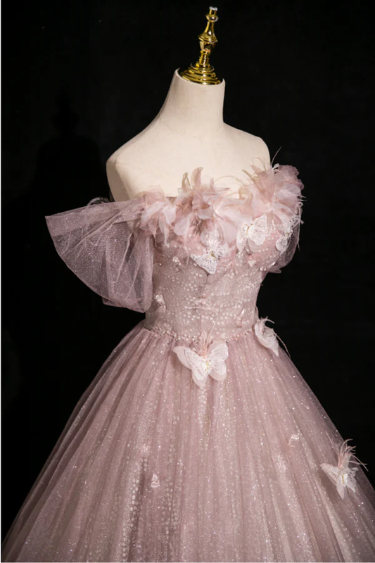 Pink Tulle Sequins Off the Shoulder Butterfly Flower Prom Dress Sweet Ball Gown cc2431