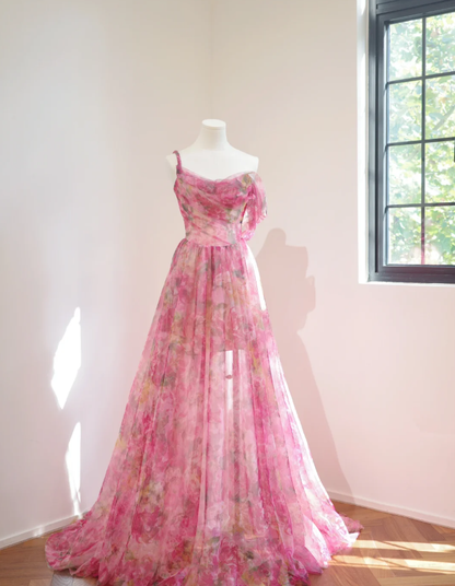 Beautiful Pink Spaghetti Straps Rose Flowers Tulle Long Party Dress Evening Gown