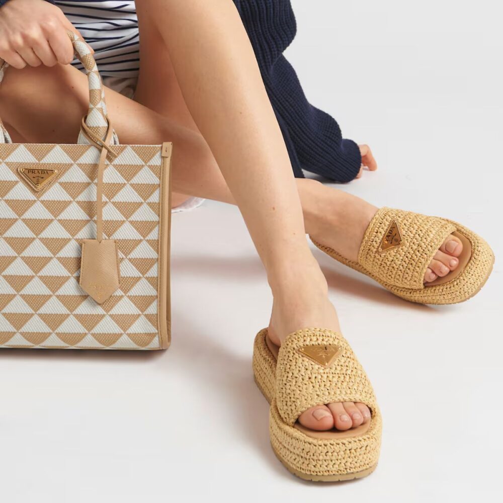 Prada Crochet Flatform Slides Brown