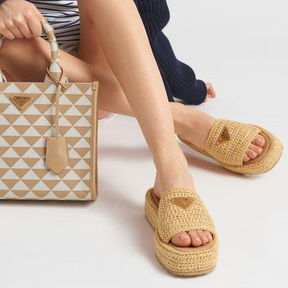 Prada Crochet Flatform Slides Brown