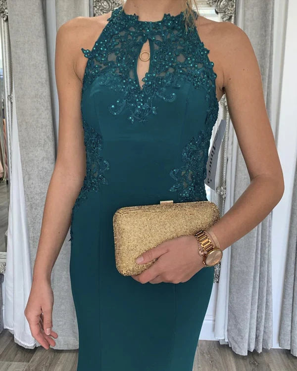 Flat knit mermaid dance dress with neck hanging lace decal