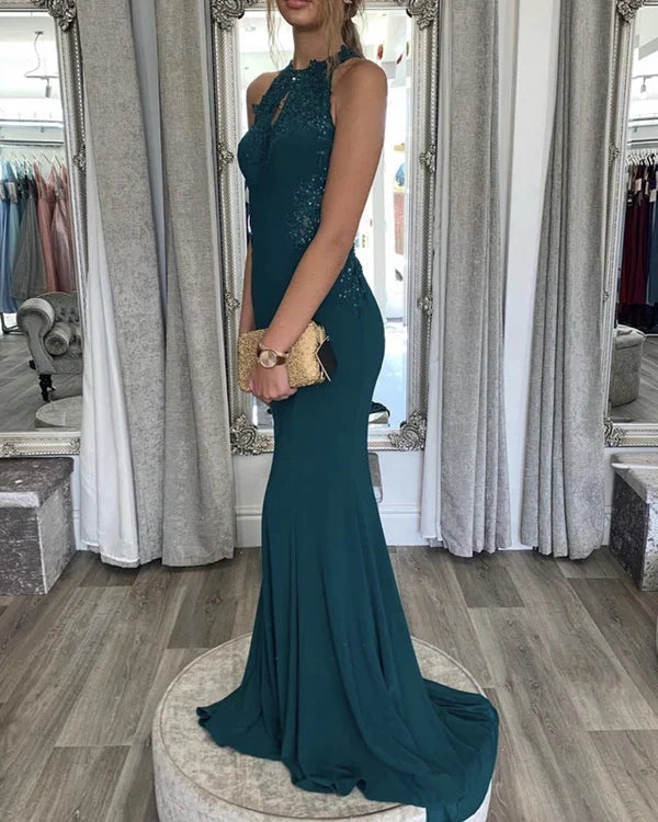 Flat knit mermaid dance dress with neck hanging lace decal
