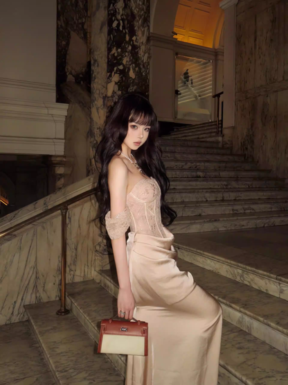Sexy Off The Shoulder Lace Satin Mermaid Evening Dress Apricot Long 19th Birthday Outfits SP2025