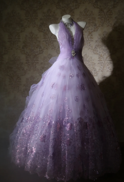 Princess Halter Ball Gown Lavender V Neck Tulle Flowers Sequin Long Birthday Quinceanera Dress Sweet 16 Dress SP1525