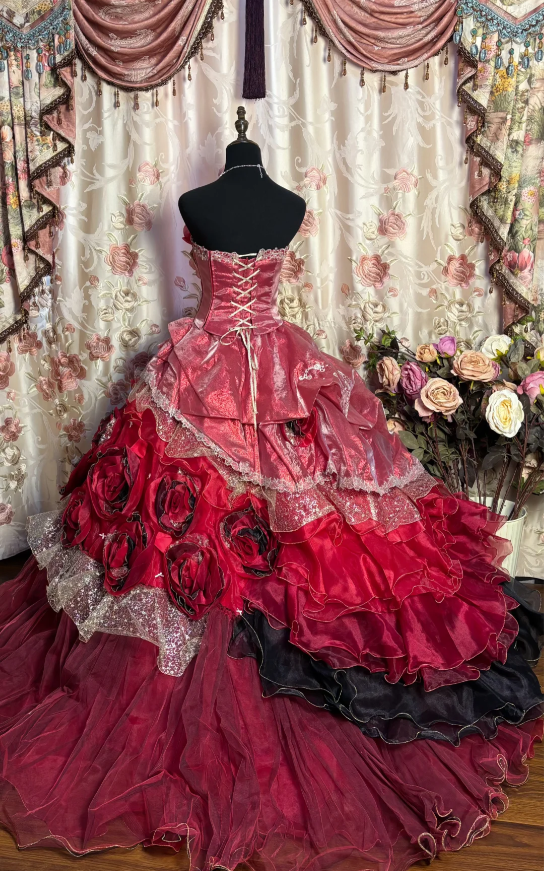 Beautiful Red Quinceanera Dress Strapless Tulle Appliques Layered Ball Gown With 3D Flowers