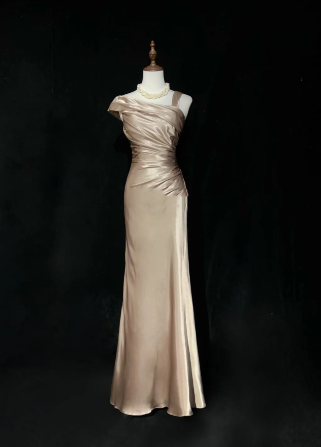Vintage Champagne Satin Pleated Mermaid Long Birthday Prom Dress Evening Gown SP1962