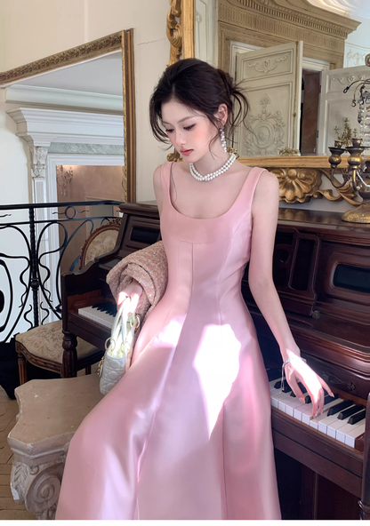 Elegant Pink Sleeveless Satin A Line Long Birthday Evening Dress Formal Wedding Guest Dress SP1652