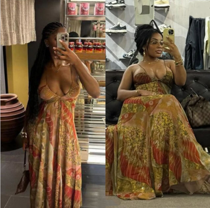 Vintage Spaghetti Straps V Neck Chiffon Print Floral A Line Long Birthday Prom Gown Party Dress SP829