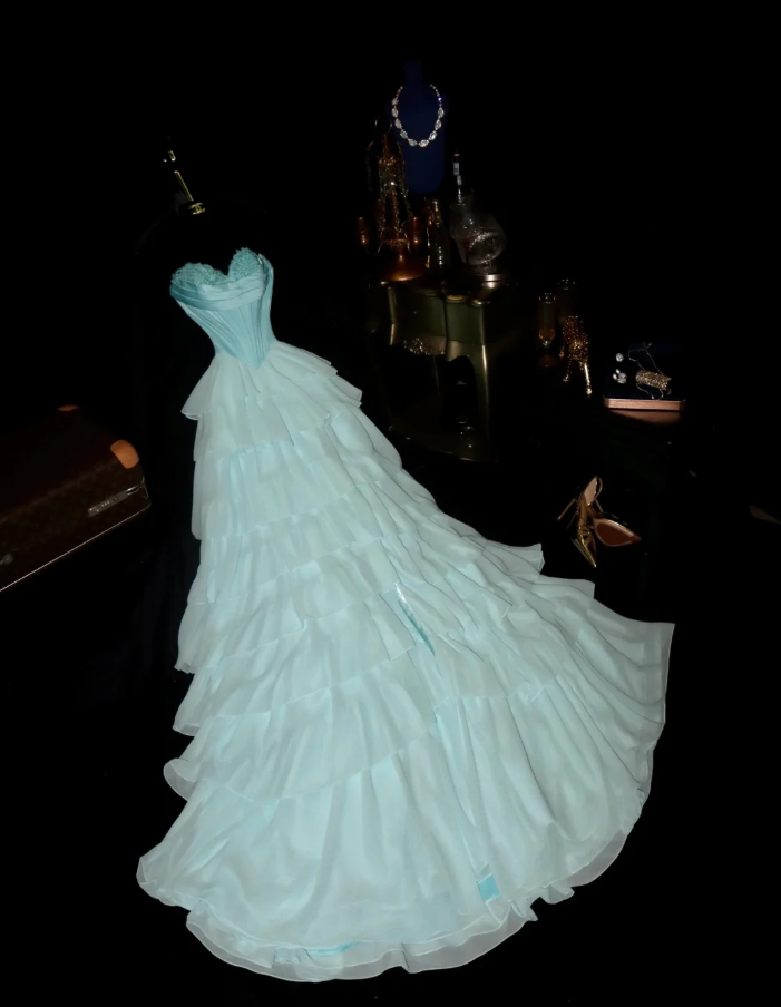 Elegant Tiffany Blue Strapless Chiffon Layered Long Birthday Party Dress Formal Wedding Guest Dress SP1420
