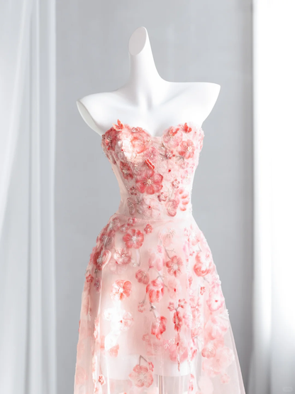 Pretty Pink Strapless Tulle Beaded Appliques Long Birthday Party Dress Prom Gown SP1511