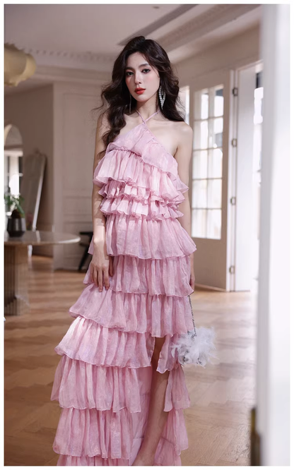 Pretty Pink Halter Chiffon Ruffle Layered Slit Long Birthday Prom Dress Evening Gown