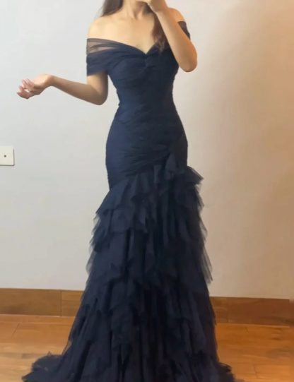 Elegant Navy Blue Tulle Pleated Layered Mermaid Evening Dress Off The Shoulder Long Weding Guest Dress Prom Gown