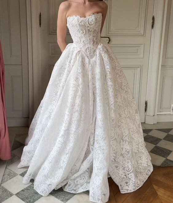 Pretty White Strapless Lace Ball Gown Long Wedding Guest Dress