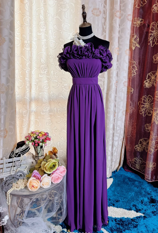 Classy Purple Ruffles Strapless Chiffon Long Prom Dress Evening Gown SP1895