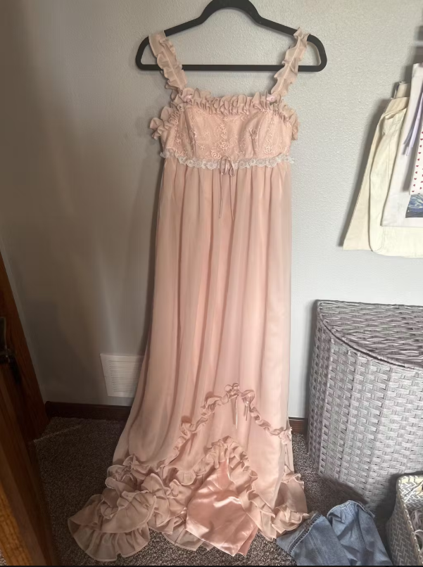 Pink Sweet Elegant Cute Lace Strap Ruffle A-Line Long  chiffon prom dress Evening Dress gh2937