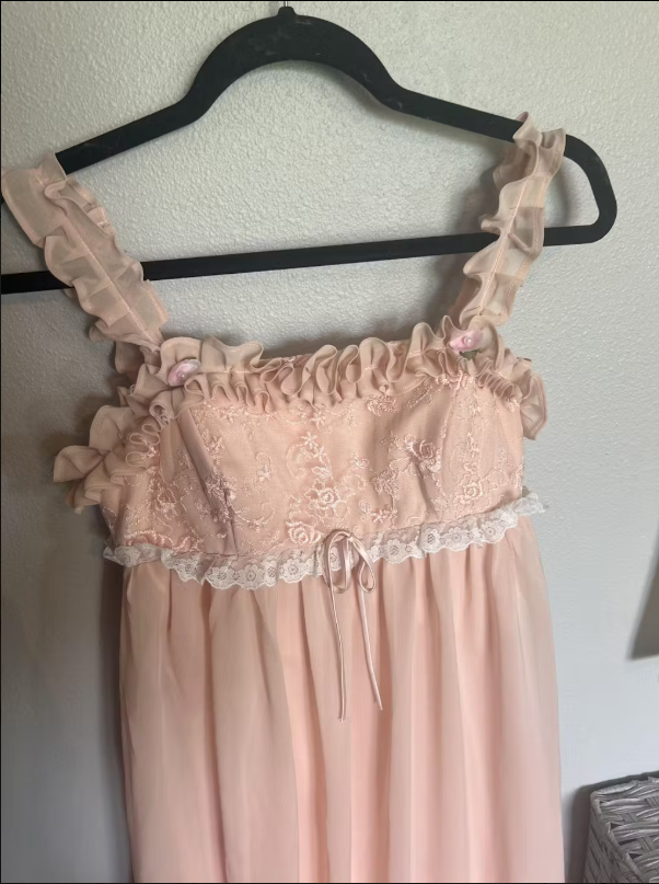 Pink Sweet Elegant Cute Lace Strap Ruffle A-Line Long  chiffon prom dress Evening Dress gh2937