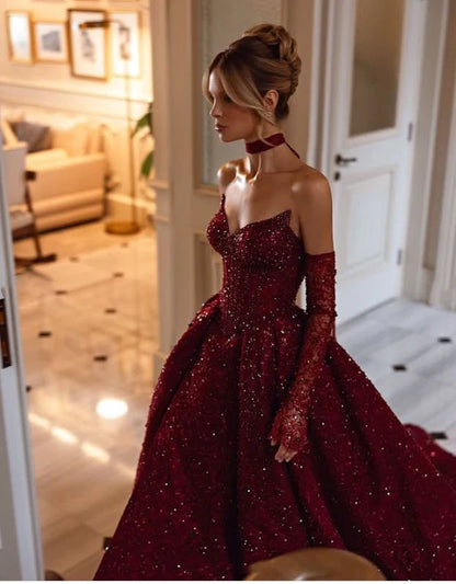 Vintage Sweetheart Burgundy Shiny Sequin Strapless Design A-Line Evening Dress Prom Dress TP4127