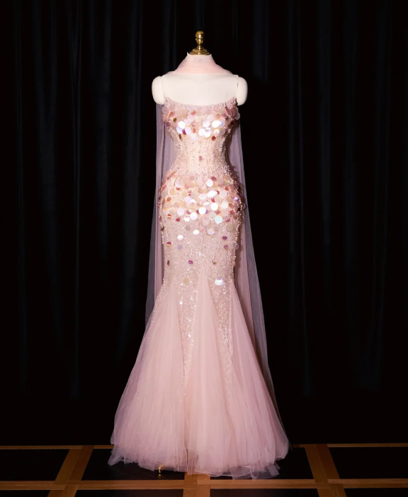 girlhomeshops--Pink Mermaid Sequined Long Tulle Prom Dress Evening Gown gh5701