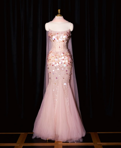 girlhomeshops--Pink Mermaid Sequined Long Tulle Prom Dress Evening Gown gh5701