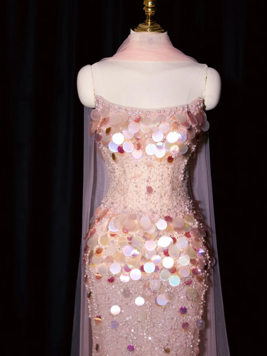 girlhomeshops--Pink Mermaid Sequined Long Tulle Prom Dress Evening Gown gh5701