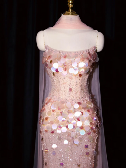 girlhomeshops--Pink Mermaid Sequined Long Tulle Prom Dress Evening Gown gh5701