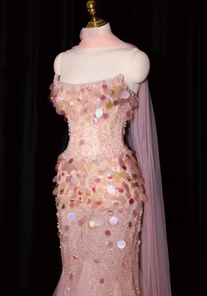 girlhomeshops--Pink Mermaid Sequined Long Tulle Prom Dress Evening Gown gh5701