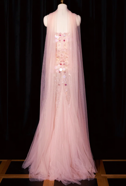 girlhomeshops--Pink Mermaid Sequined Long Tulle Prom Dress Evening Gown gh5701