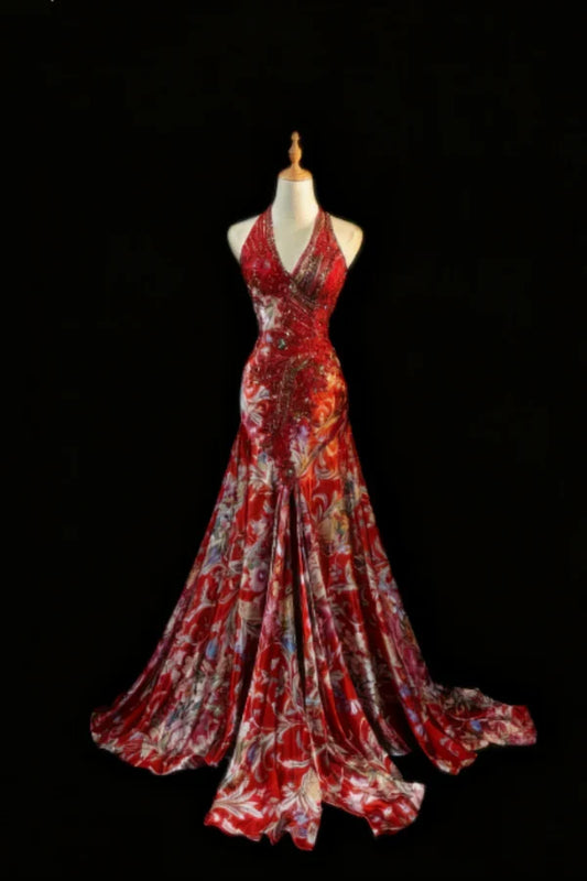 Elegant Floral V-neck Mermaid Evening Gown Beaded Halter-neck Party Dress Long Formal Dress TP4963