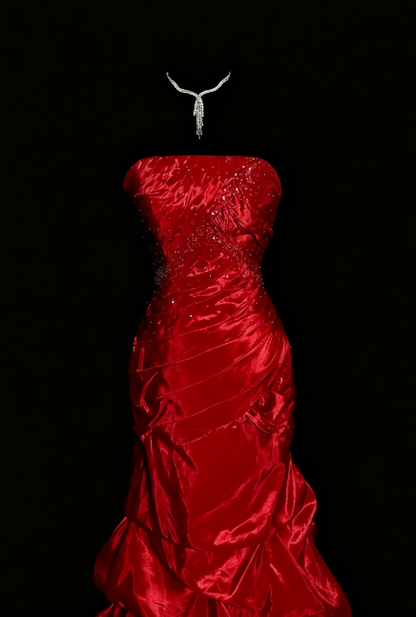 girlhomeshops-Prom Highlight Style Red Satin Rhinestone Strapless Floor-Length Prom Dress gh5880