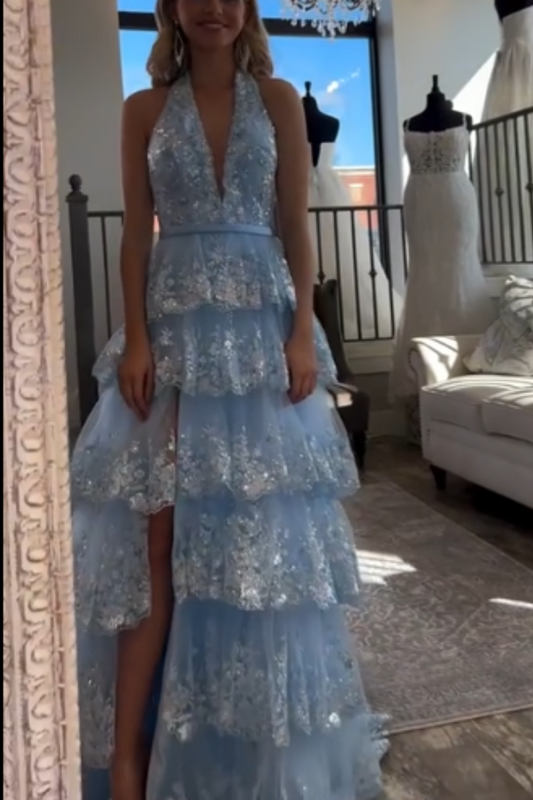 girlhomeshops-Blue Long Princess Shiny Sequins Long Tulle Ball Gown Graduation Dress gh5926