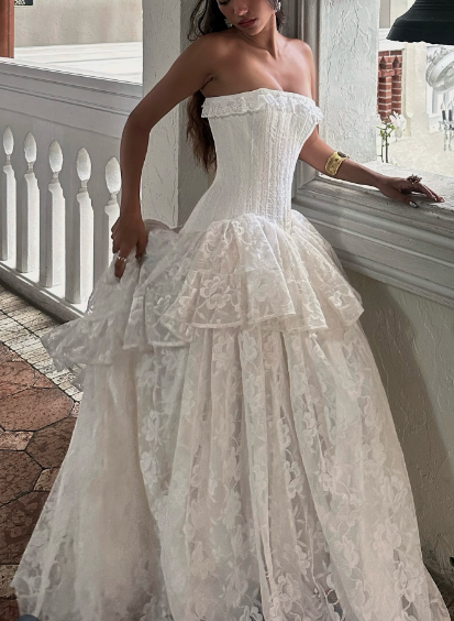 Vintage White Strapless Lace Long Ball Gown Evening Dress cc4917