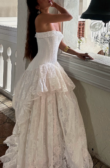 Vintage White Strapless Lace Long Ball Gown Evening Dress cc4917