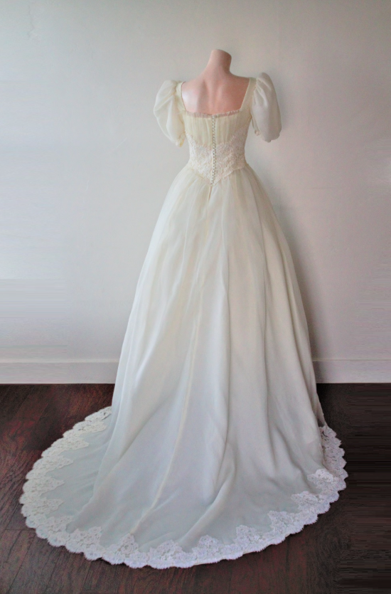 Vintage Palace Style Puff-Sleeve Lace Gown | Tulle Waist-Fitted Train Maxi Dress gh6420