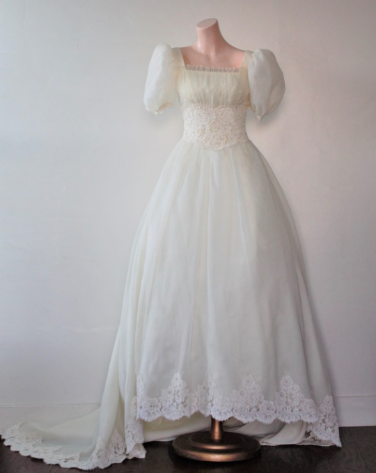 Vintage Palace Style Puff-Sleeve Lace Gown | Tulle Waist-Fitted Train Maxi Dress gh6420