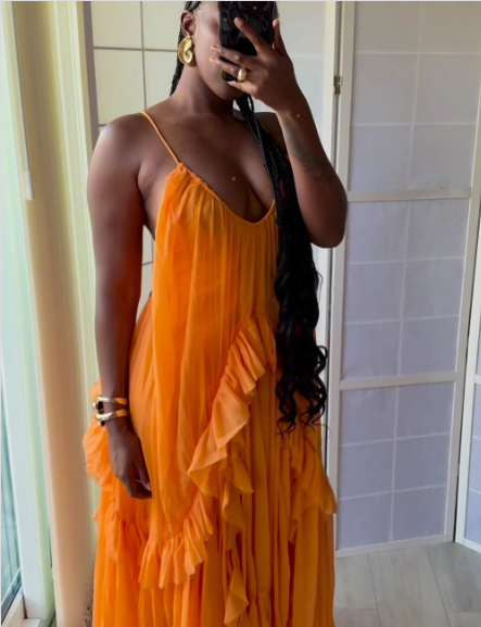 Sexy Orange Chiffon Ruffles Evening Dress Long Prom Party Gown cc2521
