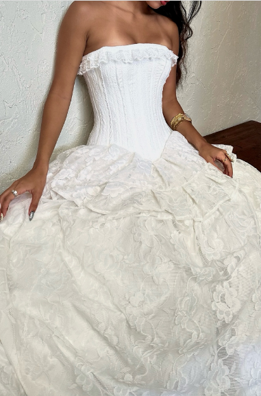 Vintage White Strapless Lace Long Ball Gown Evening Dress cc4917