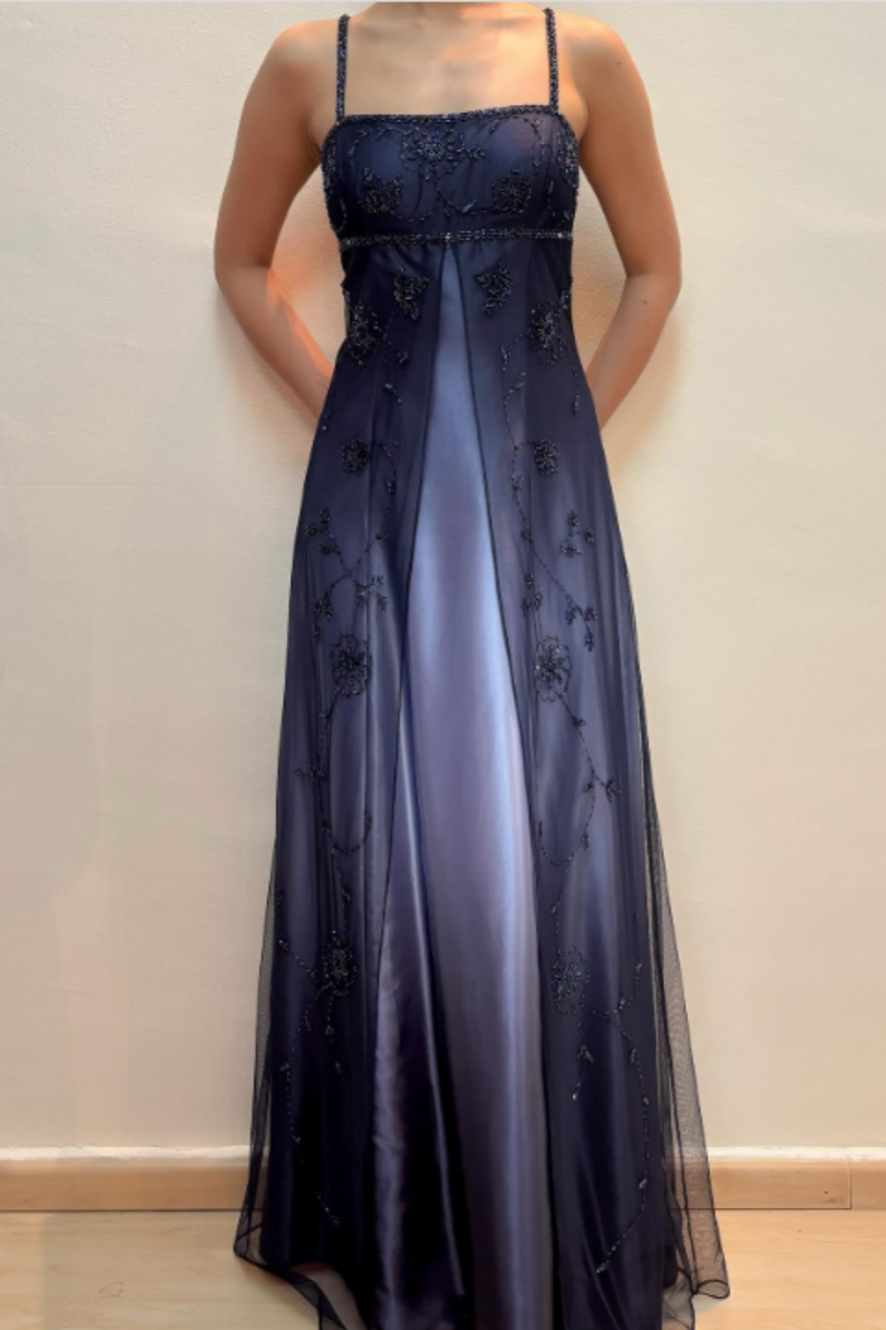 girlhomeshops-Navy Blue Formal Evening Gown With Delicate Beading Details, Long Chiffon Satin Fabric gh6111