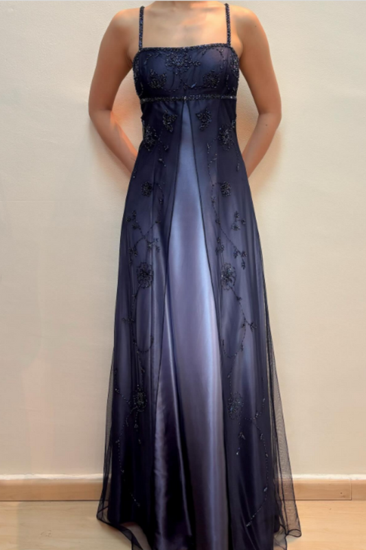 girlhomeshops-Navy Blue Formal Evening Gown With Delicate Beading Details, Long Chiffon Satin Fabric gh6111