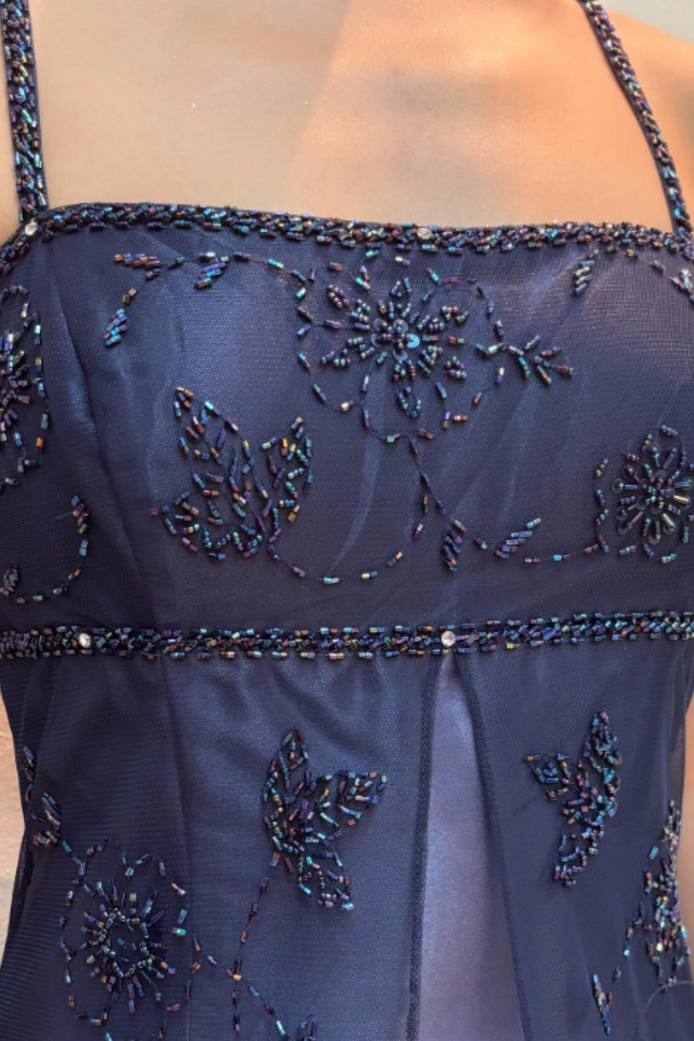 girlhomeshops-Navy Blue Formal Evening Gown With Delicate Beading Details, Long Chiffon Satin Fabric gh6111